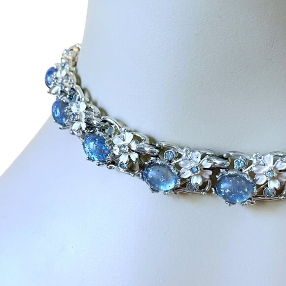 Vintage 1950s Choker Necklace Blue Rhinestone Confetti Lucite Floral Enamel READ - Picture 13 of 16
